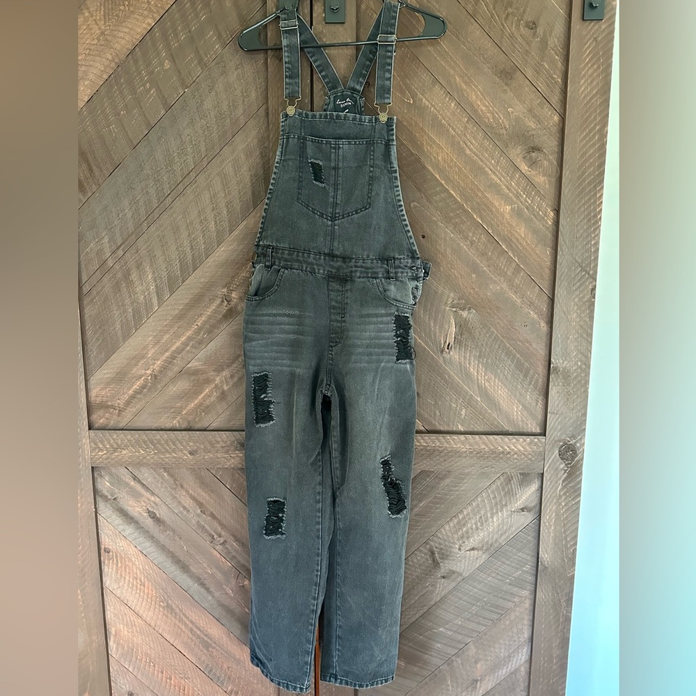 Love Tree distressed black overalls